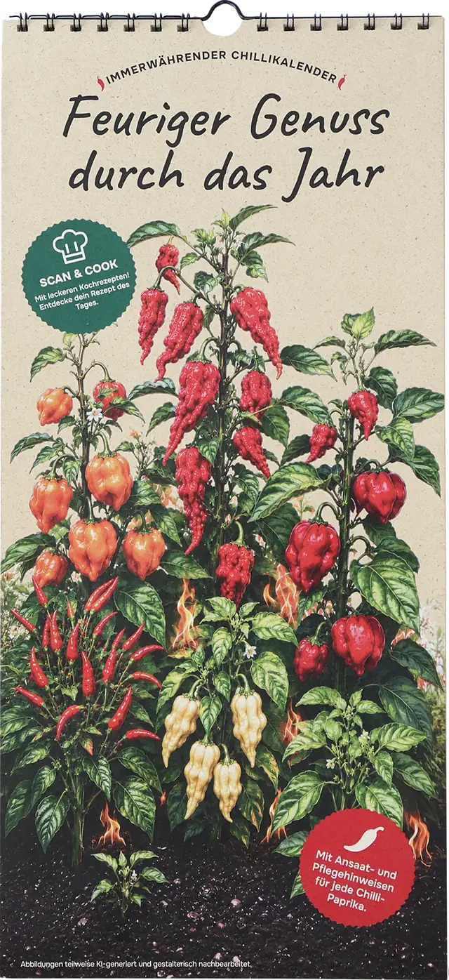 Titelblatt des Chili-Kalenders „Feuriger Genuss durch das Jahr“ mit Chilipflanzen