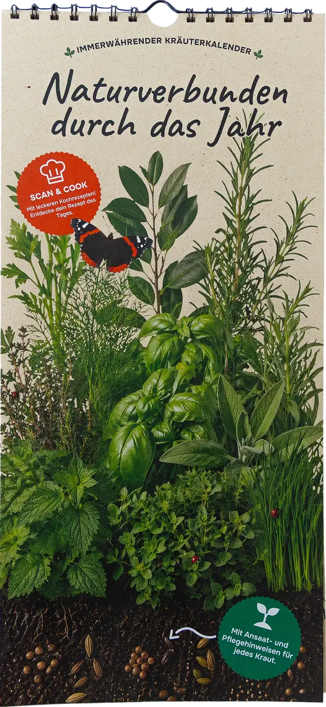 Titelblatt des Kräuterkalenders „Naturverbunden durch das Jahr“ mit Kräutern und Schmetterlingen
