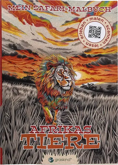 Cover „Mein Safari-Malbuch – Afrikas Tiere“ mit Löwe in der Savanne