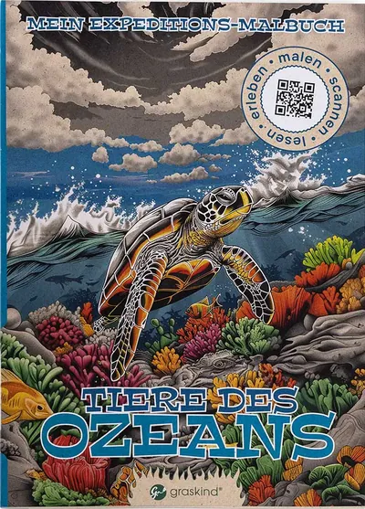 Cover „Mein Expeditions-Malbuch – Tiere des Ozeans“ mit Meeresschildkröte