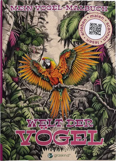 Cover „Mein Vogel-Malbuch – Welt der Vögel“ mit Ara im Dschungel