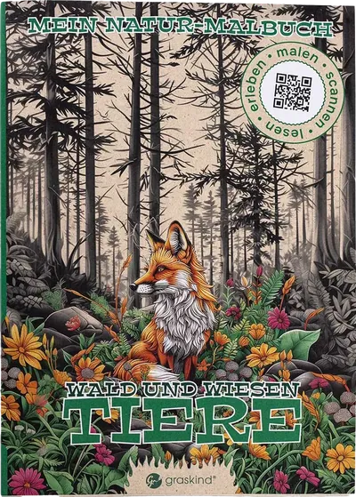 Cover „Mein Natur-Malbuch – Wald und Wiesen Tiere“ mit Fuchs im Wald