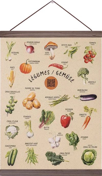 Gemüse-Poster „Légumes / Gemüse“ mit illustrierten Gemüsesorten an einer Holzleiste